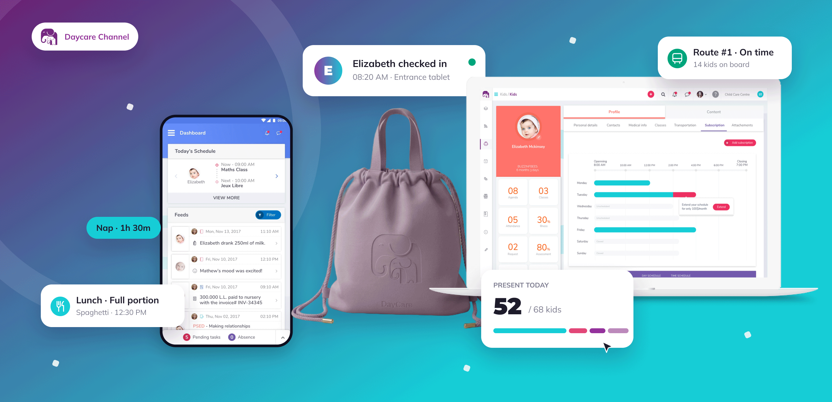 Daycare Channel parent app on a phone and admin platform on a laptop, surrounded by floating cards for check-in, meals, naps, bus routes, live presence and supply requests, with the branded Daycare Channel bag