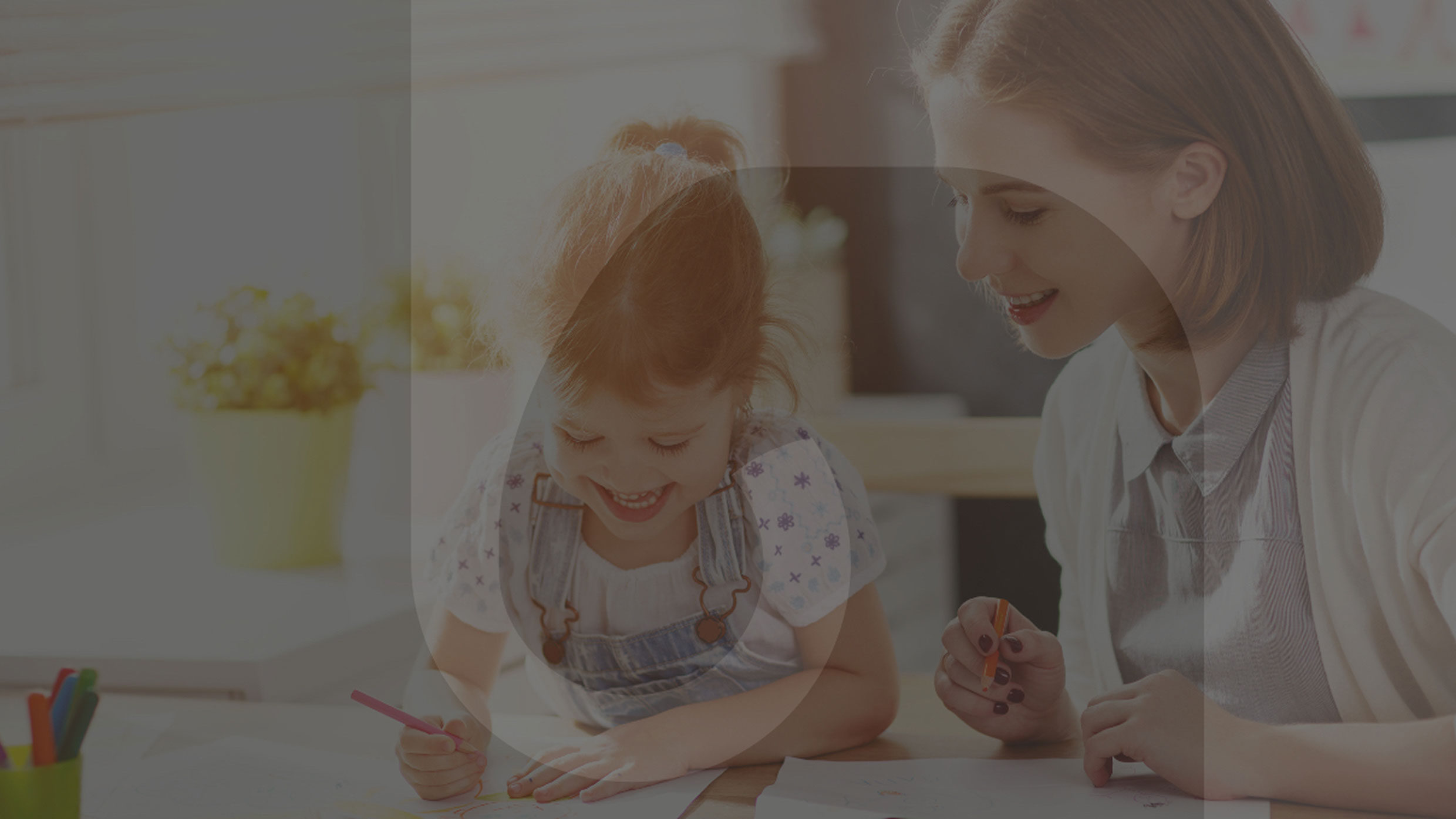 A nursery teacher and a smiling child drawing together, with a brand gradient, for desktop
