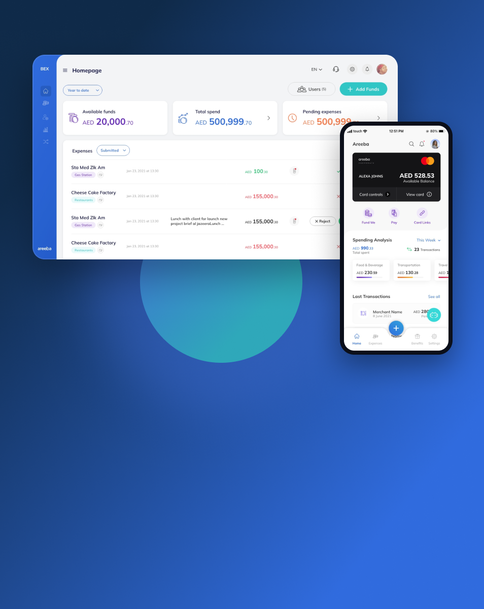Cover of the Mastercard BEX business expense management case study showing the admin dashboard and the employee mobile app home screen with the card balance