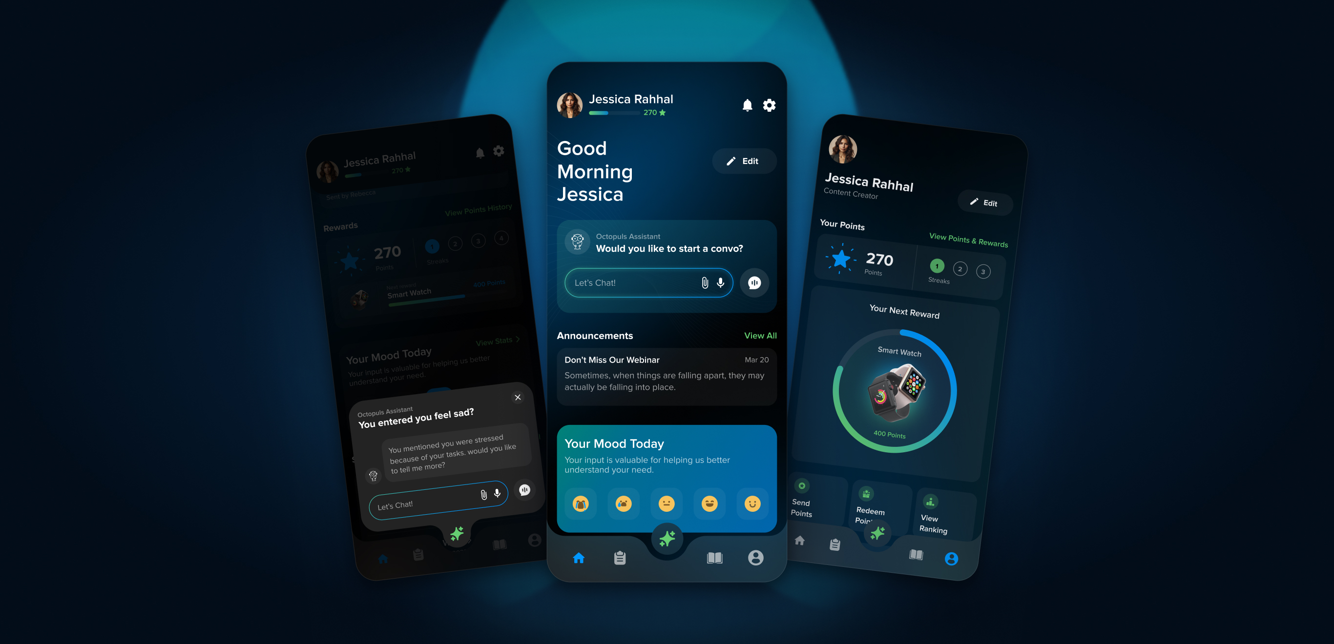 Three Octopuls phone screens (mood follow-up chat, homepage and rewards) fanned over a navy glow
