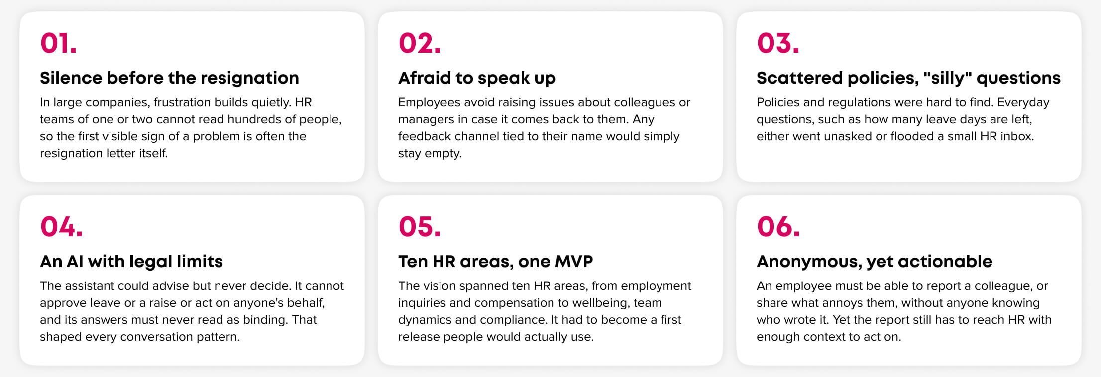 Six numbered Octopuls design challenges, from silent disengagement to anonymous reports HR can act on