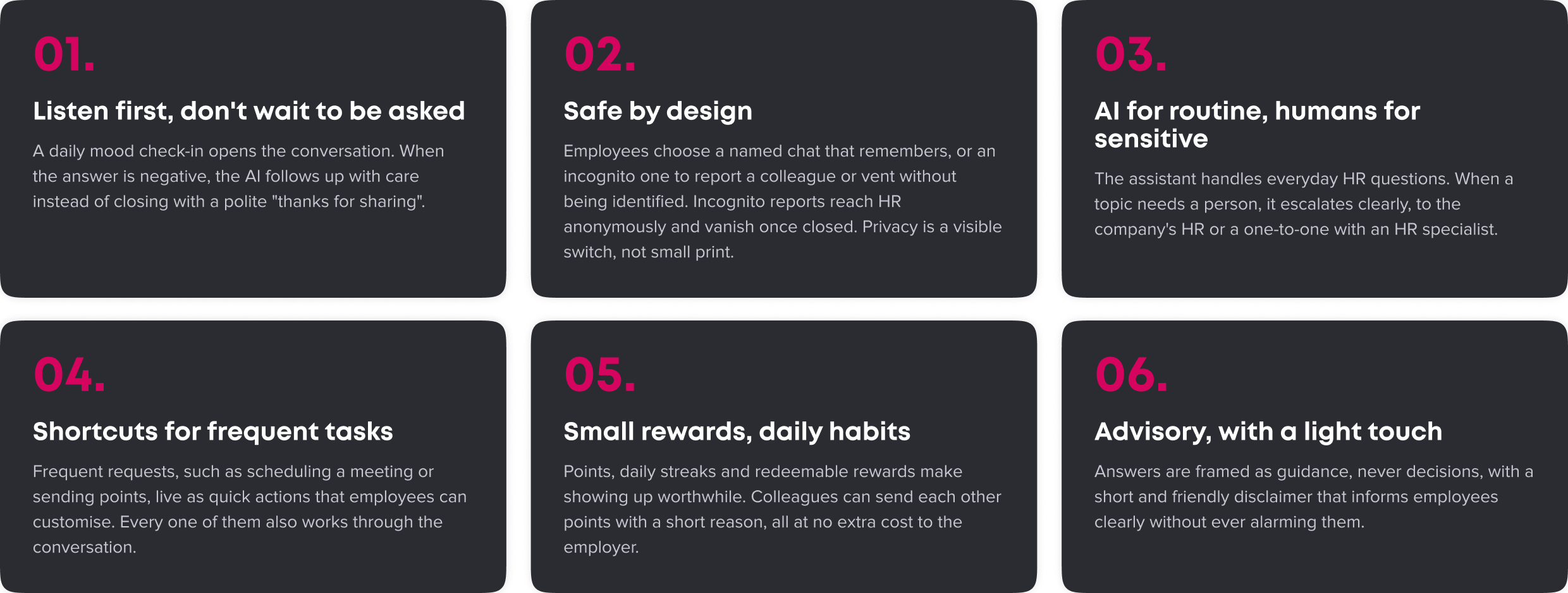 Six Octopuls design principles, from listening first and anonymous reporting to small rewards and daily habits