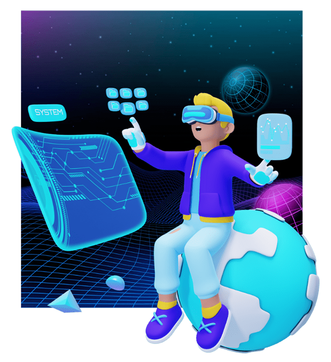 A dynamic and immersive metaverse service icon showcasing technology, engagement, and digital realm with AR, VR, and 3D artist elements