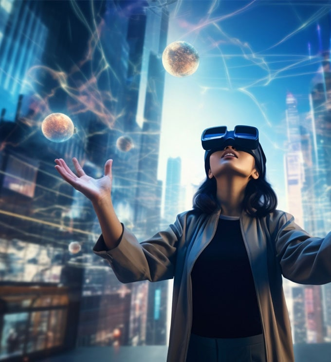 Virtual reality user wearing VR glasses, engaging in a futuristic metaverse city.