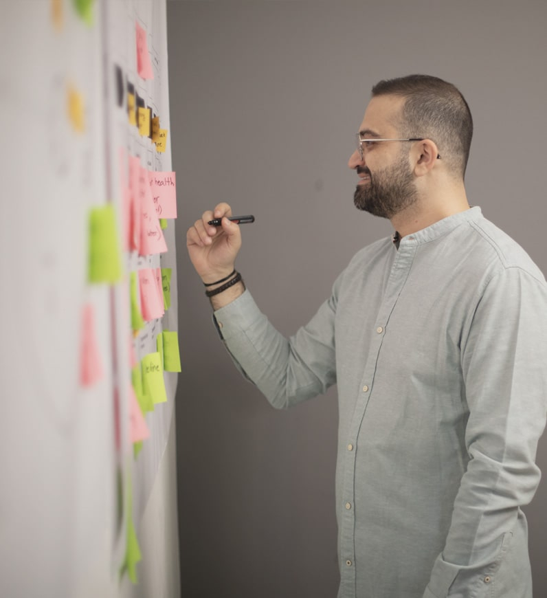 A UX researcher writing on a whiteboard, map out an entire experience by showing the steps and emotions