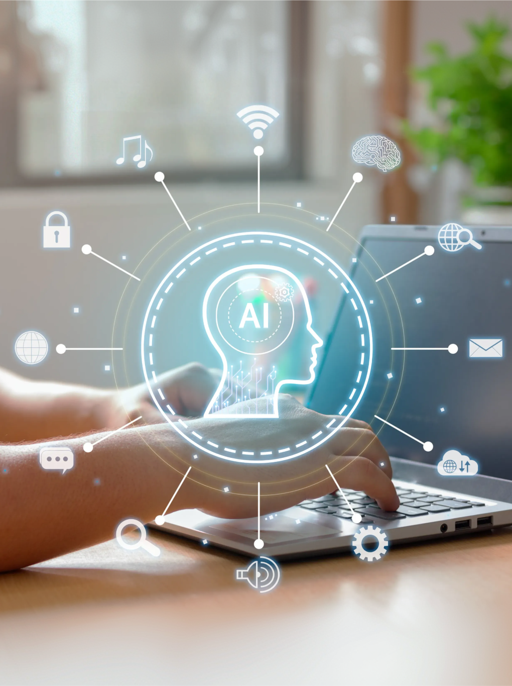 Researcher working on a laptop using AI